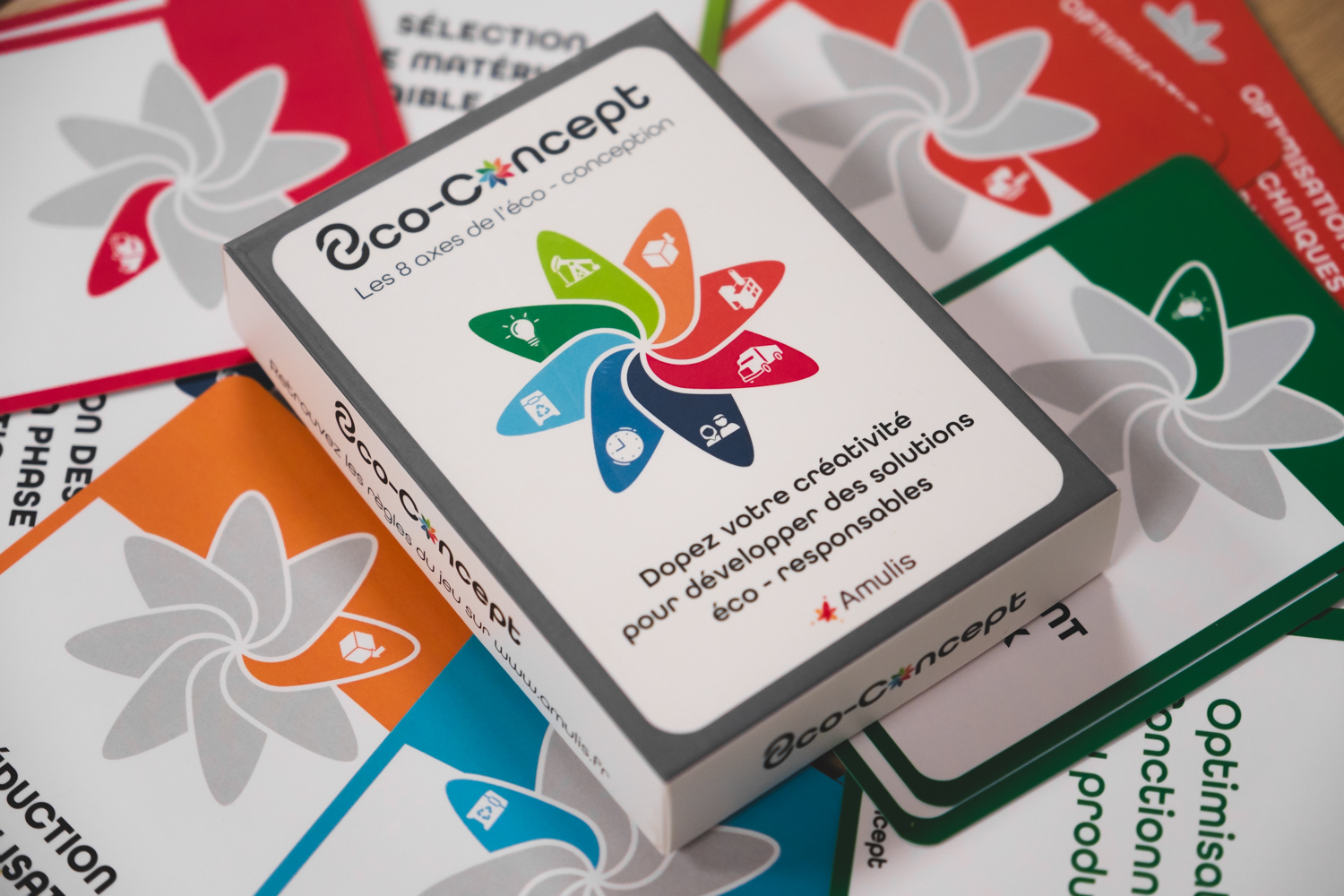 8co-concept est un serious game reprenant les 8 axes de l'écoconception définis par la "roue des stratégies de BREZET", il accompagne les phases d'idéation de manière collaborative et ludique.